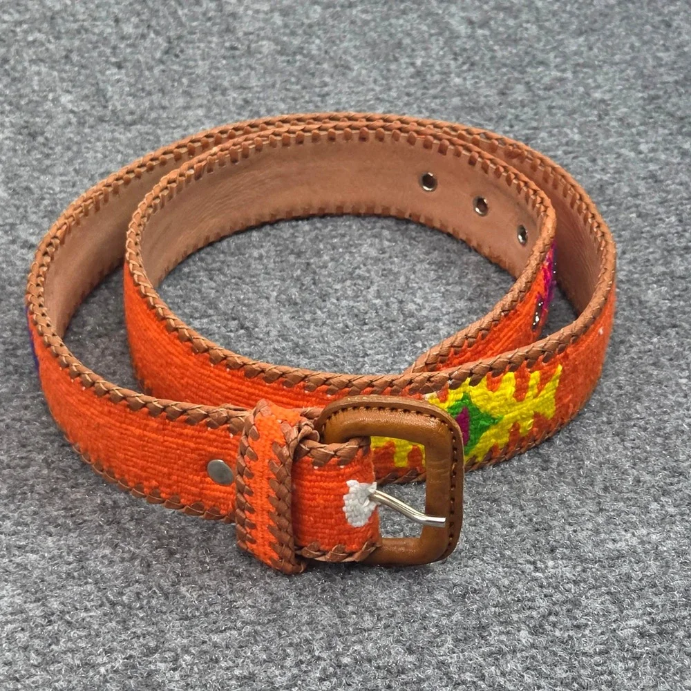 Vintage Leather Belt 33-37 Orange Woven Guatemalan Boho Chic Western Whipstitch